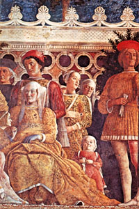 Andrea Mantegna. 1474. Affresco sito nella Camera degli Sposi del Palazzo Ducale di Mantova (Italia). 'Ludovico Gonzaga, la sua famiglia e la sua corte'. Dettaglio della nana di corte.